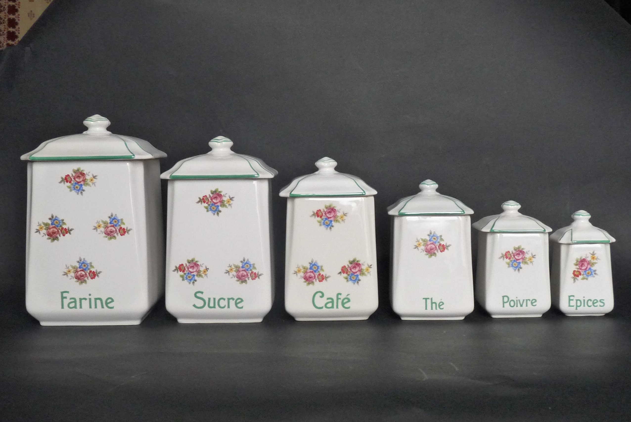 Série Complète de 6 Pots à Farine, Sucre, Café, Thé, Poivre Épices en Porcelaine Blanche , Motif Flo