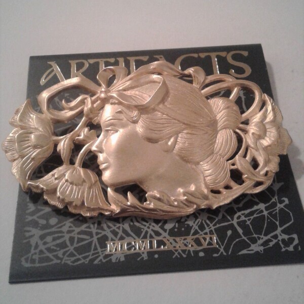 JJ Jonette Art Nouveau Vrouw Dame in Profiel Goud Tinnen Broche, Nieuwe Oude Stock, Vintage