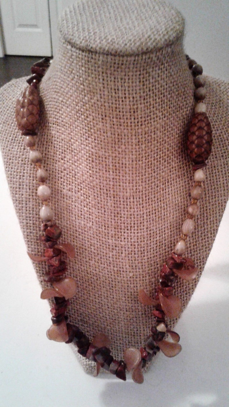Vintage Red Jasper And Pine Nut Spike Bead Unique Long Necklace 33
