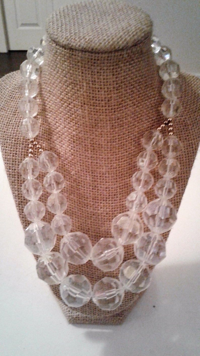 19 Chunky Clear And Brass Gold Tone Metal Bead Necklace 90s Double Strand