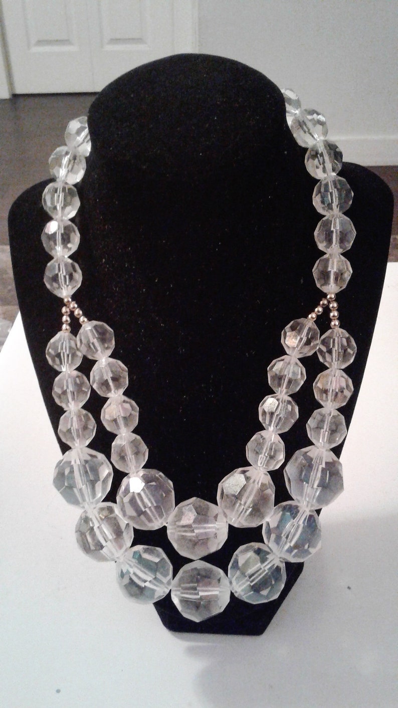 19 Chunky Clear And Brass Gold Tone Metal Bead Necklace 90s Double Strand