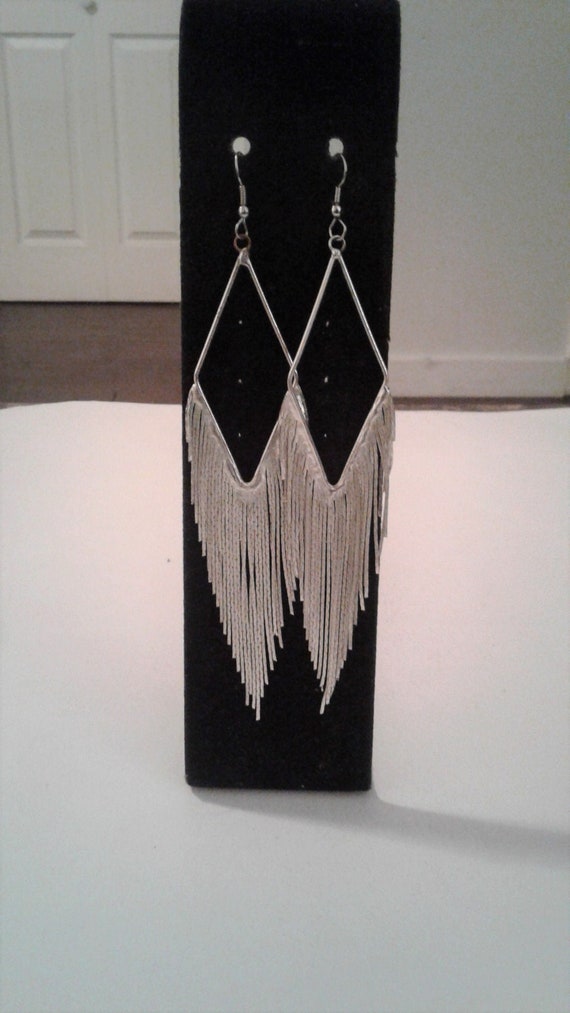 Silver Hexagon Shape, Fringe Tassel Dangle Long Ea