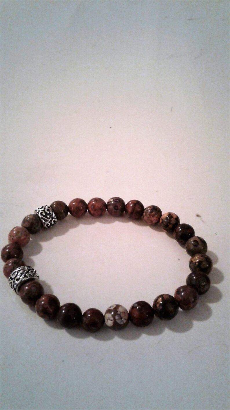 Leopard Jasper With Silver Plated Bead Stretch Bracelet