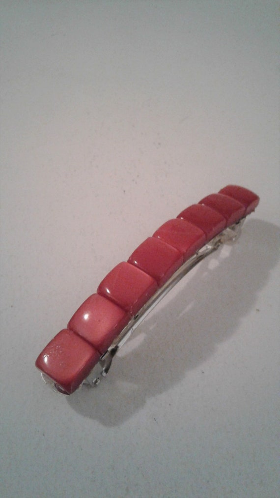 Red Moonglow Vintage Hair Barrette, Silver Tone