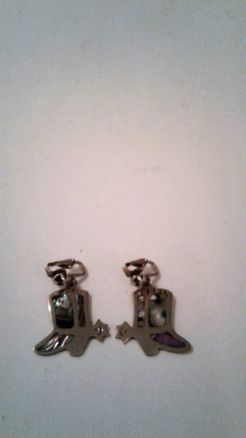 Taxco Mexico Sterling Silver and Abalone Shell Cowboy Boot Vintage Clip-on Earrings