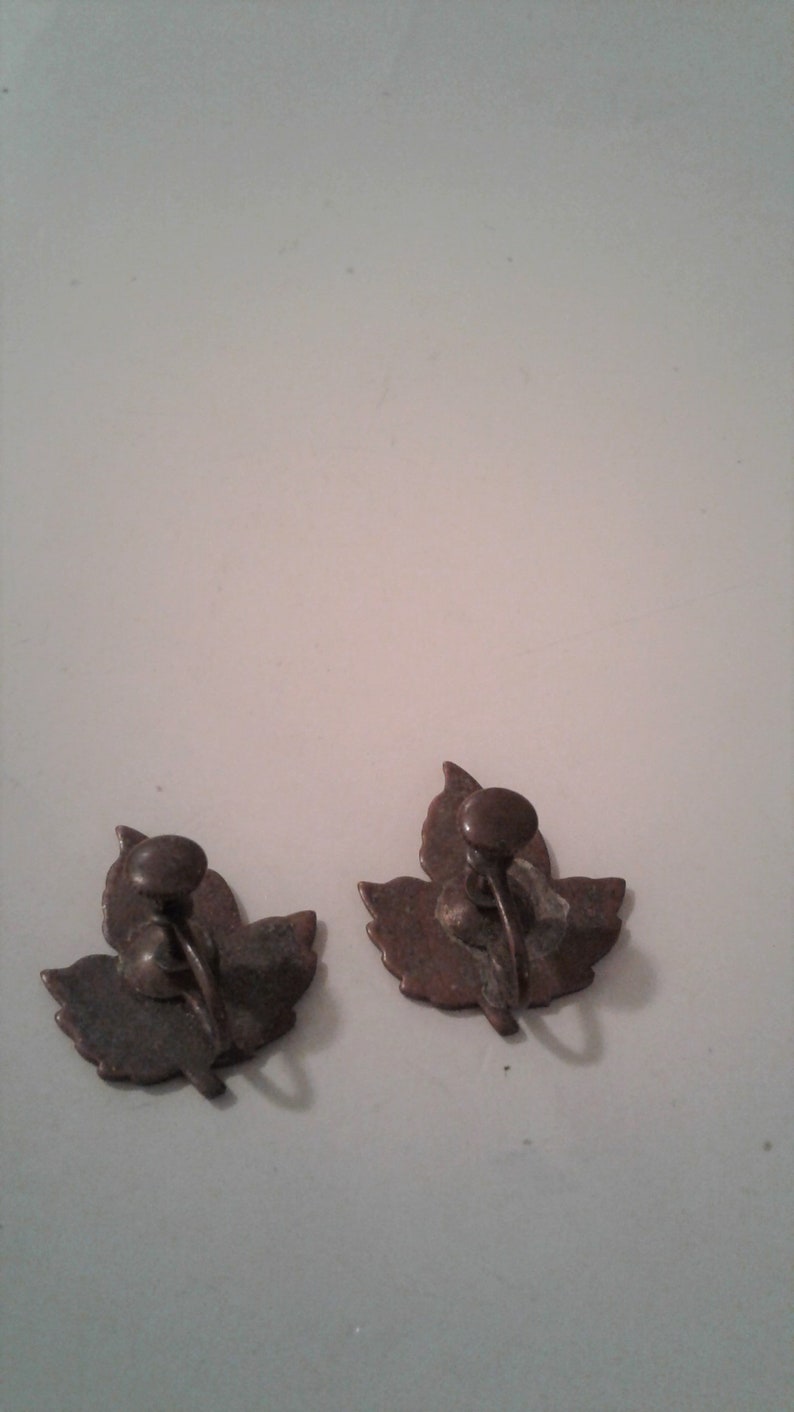 Estate Vintage Brass Metal and Yellow and Green Maple Leaf Screw-Back Earrings