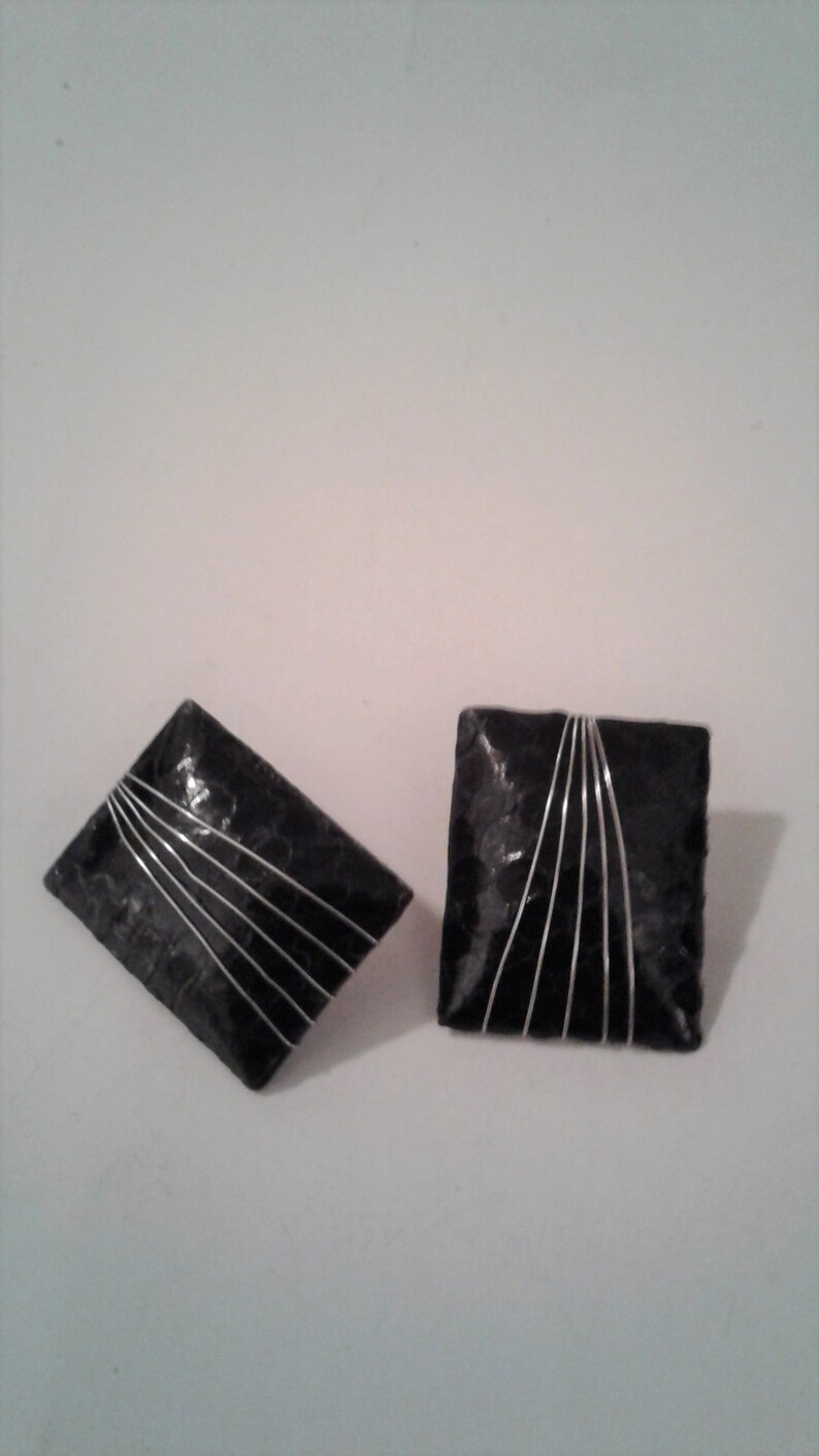 Unique Black Leather Silver Metal Wire Wrap And Copper Metal Vintage Clip-on Earrings