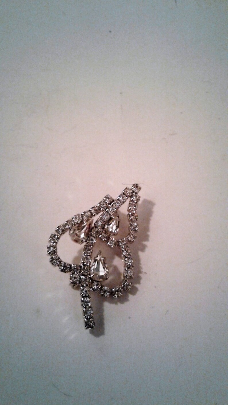 Vintage Rhodium Plated Clear Rhinestone Large Leaf Brooch Estate