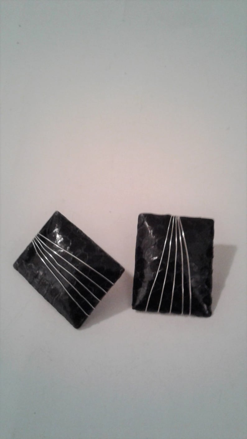 Unique Black Leather Silver Metal Wire Wrap And Copper Metal Vintage Clip-on Earrings