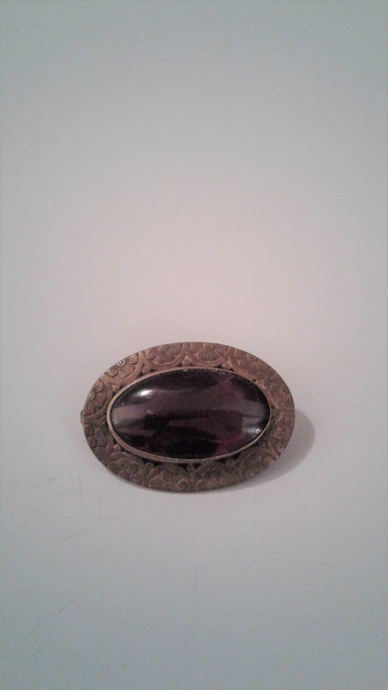 Antique Vintage Floral Ornate Brass And Amethyst Glass Brooch C Clasp Pin