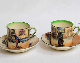 Royal Doulton Dickens Ware 2 Sets Demitasse Cups and Saucers Mr. Pickwick, Fagin ~Antique 1908-1930s ~ Dicken's Novels Scenes and Characters