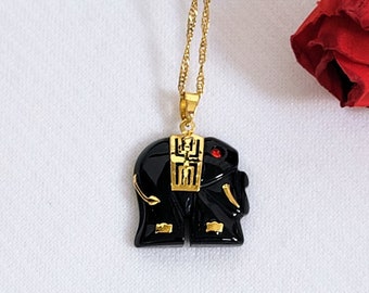 Vintage Asian Black Onyx Pendant Elephant with 10 K Gold Markings ~ 20 Inch Gold Plated Chain with Extender 2.5 Inch
