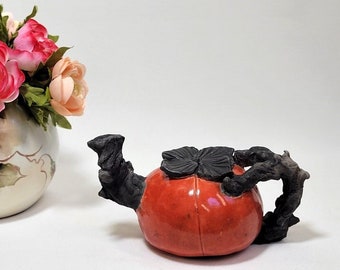 Raku Art Pottery ~ Melon Teapot by Jeanne Vogt ~ Raku Pottery ~ Whimsical Teapot Artifact ~ 7" Long x 3 1/2" Tall