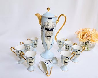 Conjunto de 10 peças de chocolateiras antigas Jean Pouyat Limoges Art Déco ~ Pintadas à mão, França, década de 1920