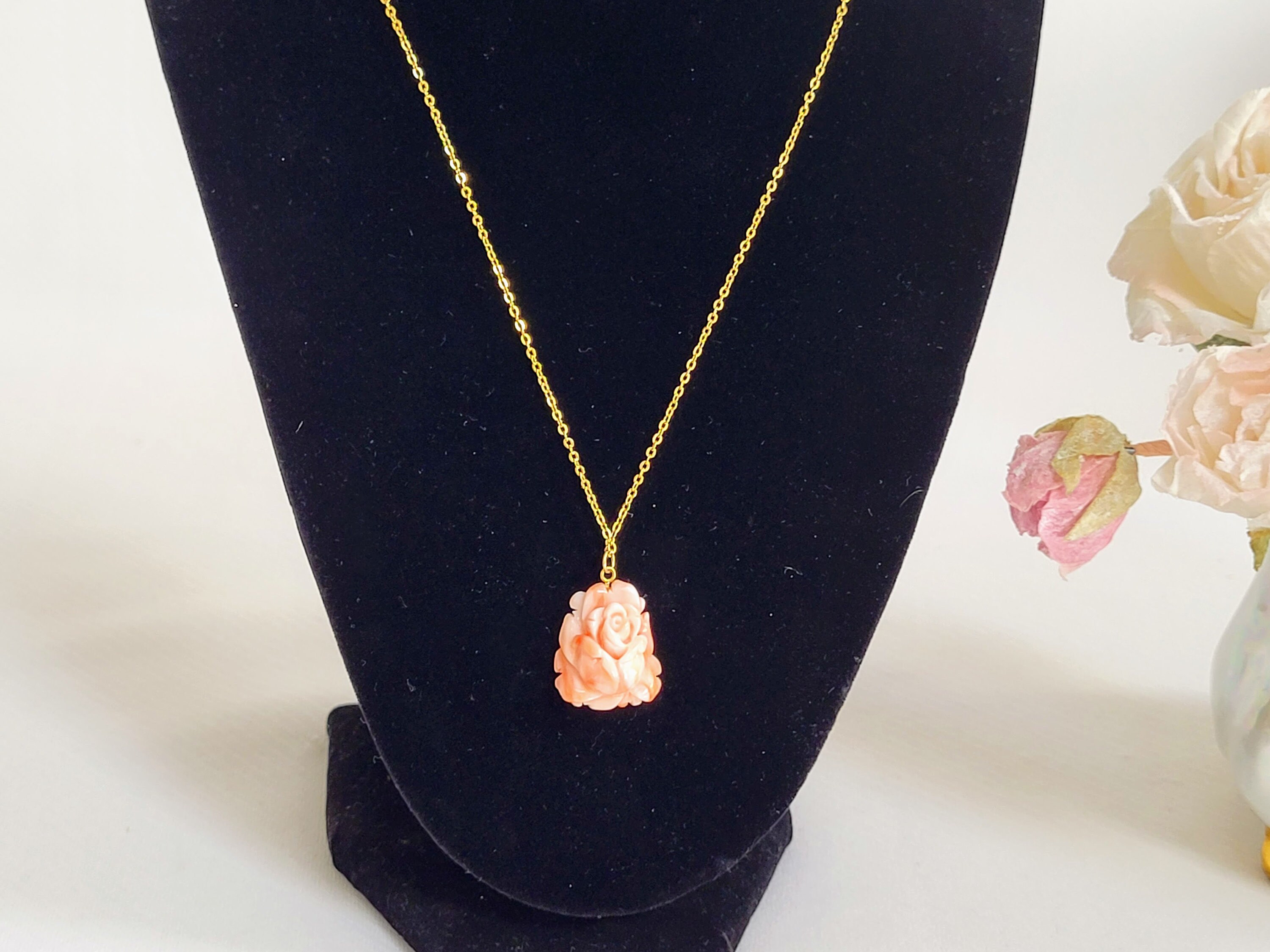 Collier Vintage Chaîne Pendentif Fleurs Rose Corail Doré Or Fin - Occasion