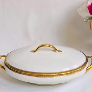 Antique Limoges France Covered Vegetable Bowl: White Porcelain Heavy Gold Trim image 6
