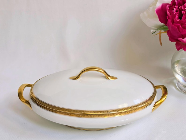 Antique Limoges France Covered Vegetable Bowl: White Porcelain Heavy Gold Trim image 6