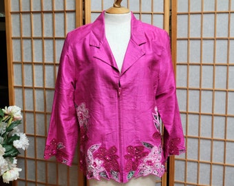Vintage Raw Silk Jacket XL: Hot Pink Floral Sequin Embellished