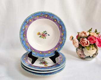 Sango Set of 4 Rim Soup Bowls ~ Birds & The Bees Pattern ~ Whimsical Design