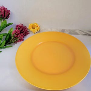 Puede incluir: Un plato de cena grande de cerámica amarillo brillante con un borde ligeramente elevado.