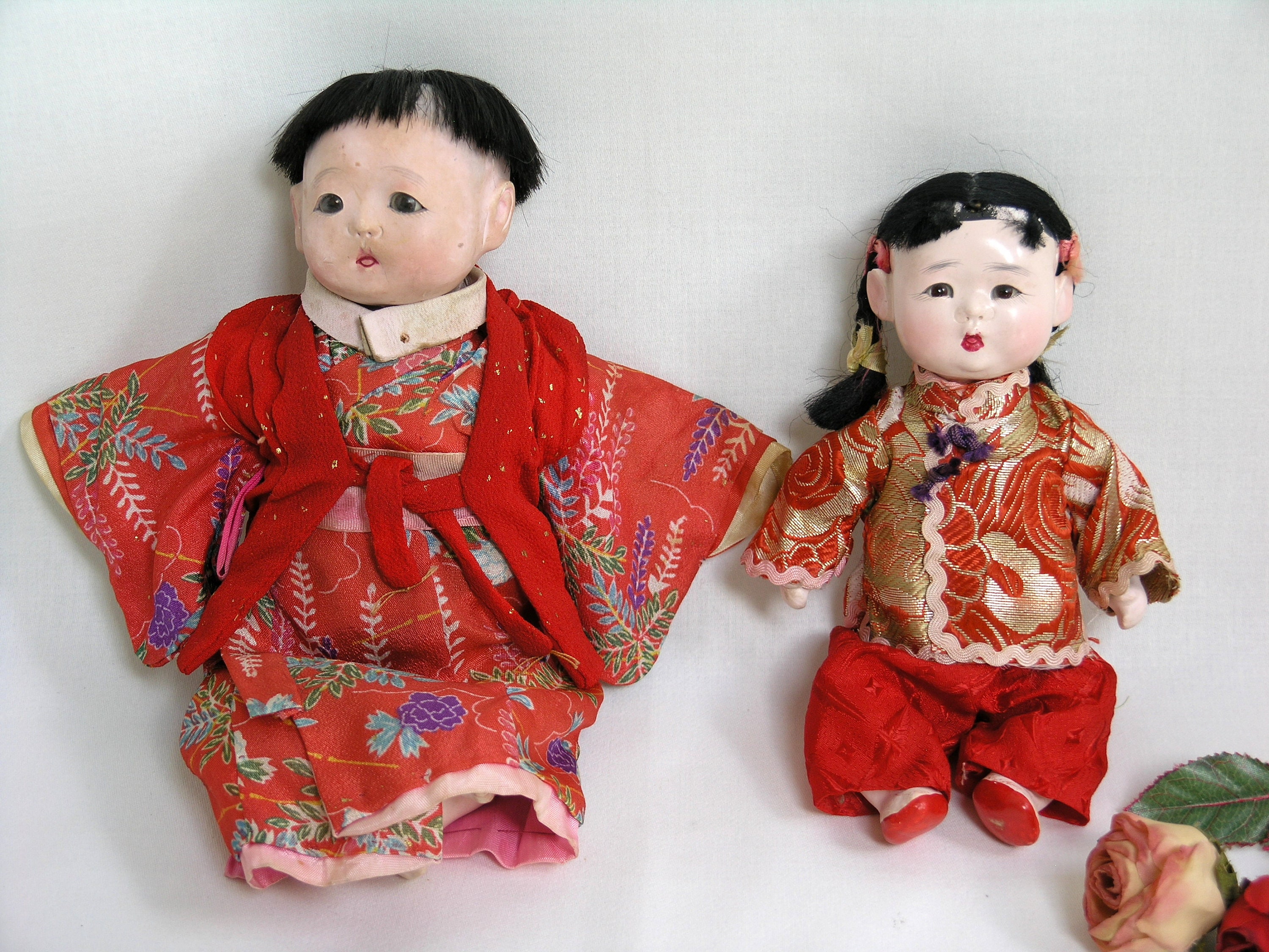 Vintage Japanese Fabric Ceramic Head Doll Set Boy Girl Kemono