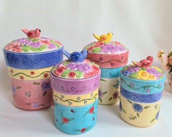 Sango Set of 4 Canisters ~ Birds & The Bees Pattern ~ Extra Large, Large, Medium and Small