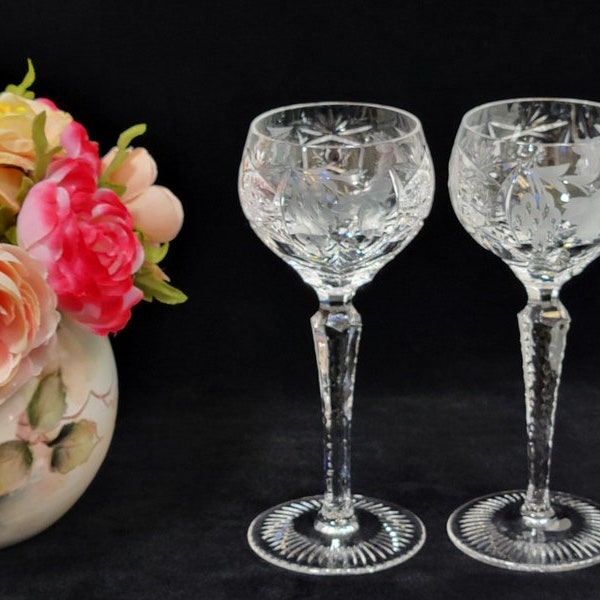 Fine Cut Crystal Etched Wine Hock Glasses ~ Signed 2 Nachtmann Traube Germany ~ Crystal Clear ~ Brilliant Sparkles ~ PRISTINE! ~ 7" Tall