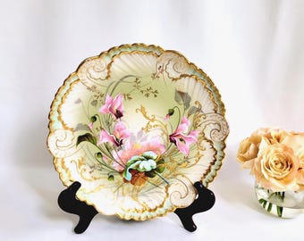 Antieke AKCD Limoges France-oplader/muurplaat ~ goudverguld, handgeschilderd ~ ca: 1890