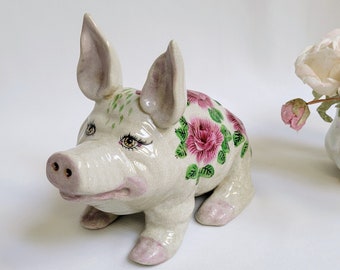 Wemyss Style Pottery Pig ~ Cabbage Roses Ceramic ~ 9 1/2" x 7" Tall ~ Crazing In The Glaze ~ Pale Pink Hooves ~ Very Nice!