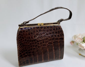 Vintage Leather Handbag ~ High Gloss Brown Leather ~ Vintage Pocketbook Top Handle ~ 9" Tall 9.5" Wide by 2.5" Deep