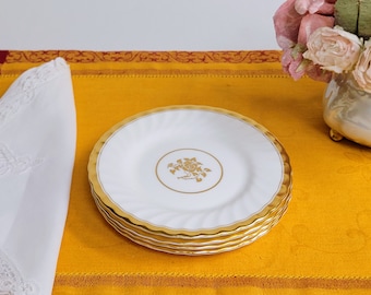 Minton Gold Bread & Butter Plates ~ Set of Three (3) ~ Rose Gold Pattern ~ White Scalloped with Gold Gilt Floral Verge and Trim ~ c: 1950's