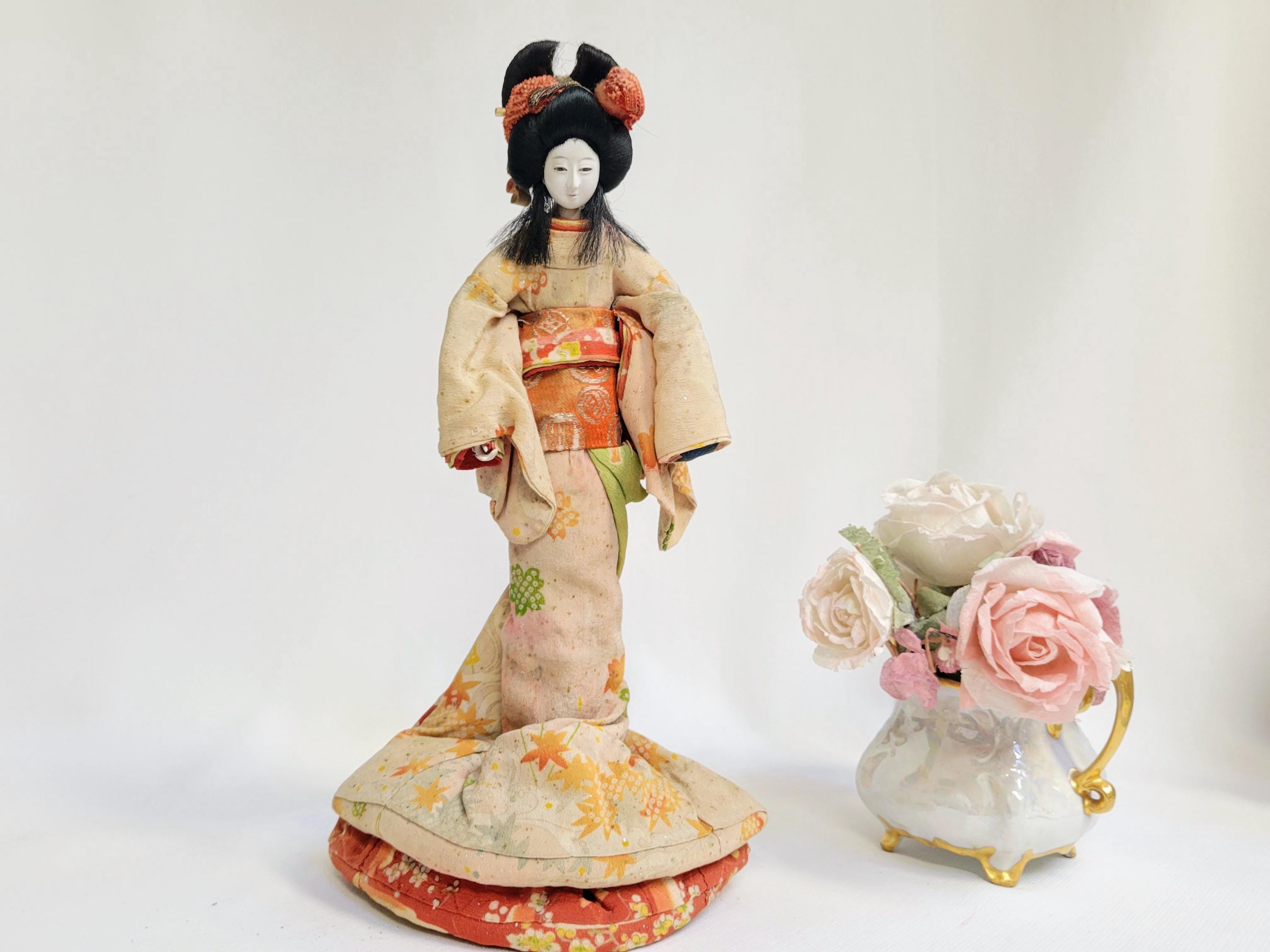 Antique Geisha Hina Doll: Meiji Era Silk Brocade, 12
