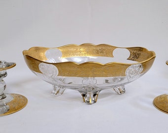 Set di ciotole da consolle in vetro inciso vintage: doratura, Bordero, anni &#39;30