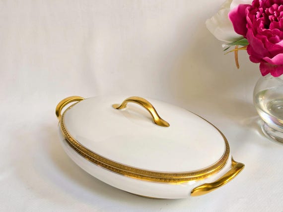 Antique Limoges France Covered Vegetable Bowl: White Porcelain Heavy Gold Trim