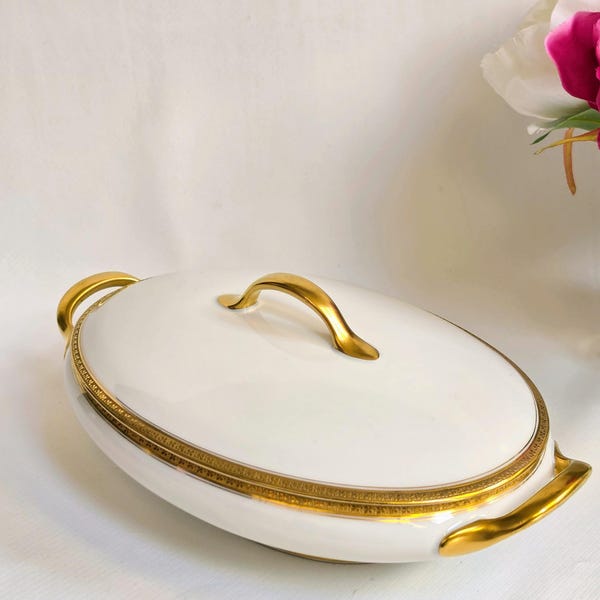 Antique Limoges France Covered Vegetable Bowl: White Porcelain Heavy Gold Trim