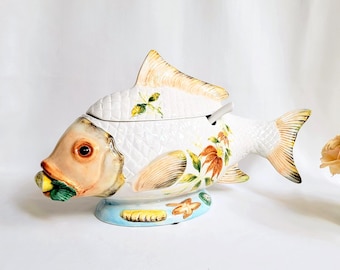 Italiensk soppterrin med slev ~ Vintage majolikakeramik fiskformad terrin ~ Handmålad