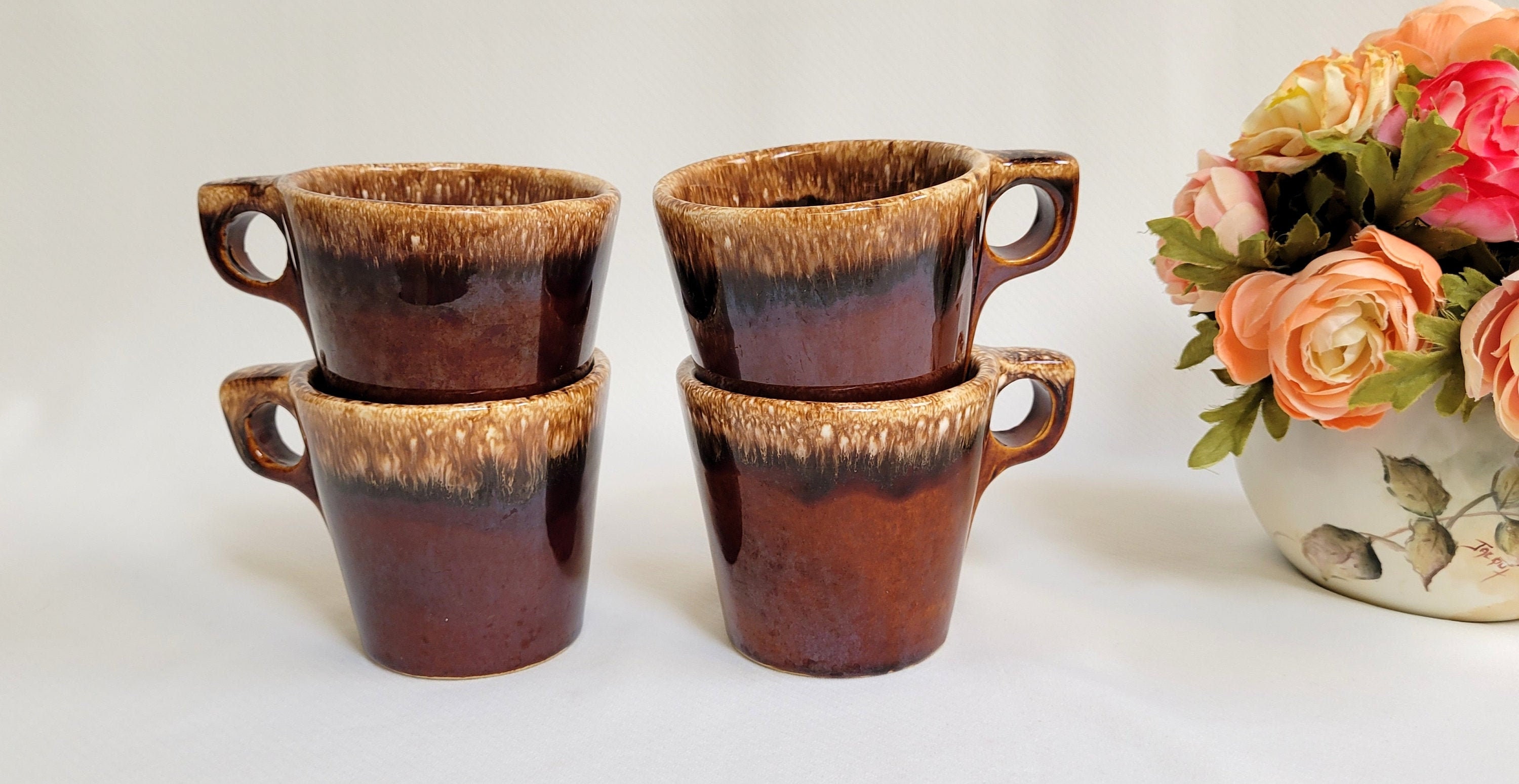 Hull Coffee Mugs / Set of 4 Pottery Brown Drip Stoneware / Etsy