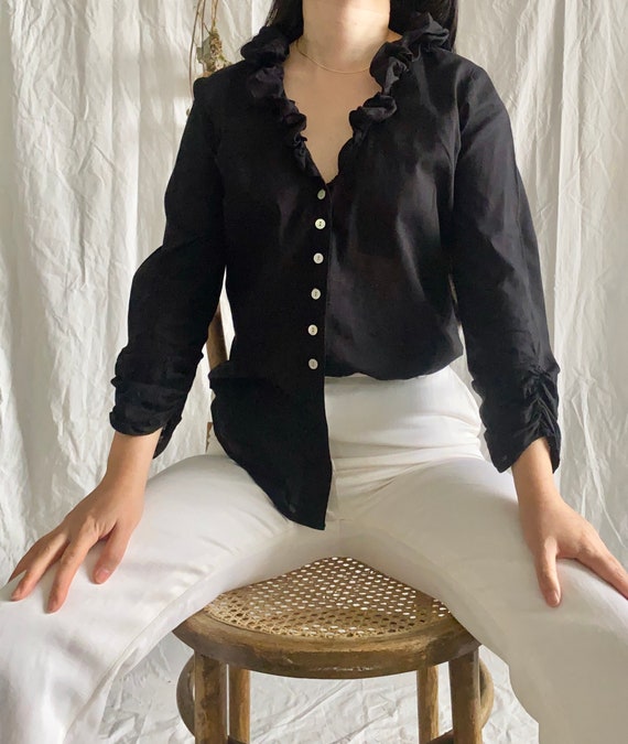 Black cotton button down ruffle blouse