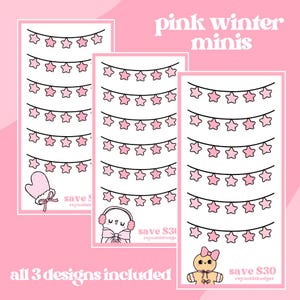 May include: Three printable designs for pink winter mini star garland stickers. Each design features a different winter-themed icon: a mitten, a snowman, and a gingerbread person. The text "save" and a username are included on each design.