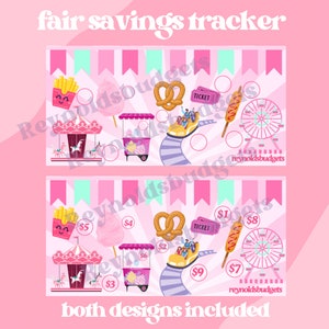 May include: A printable pink and green savings tracker with a carnival theme. The tracker features a carousel, roller coaster, cotton candy, pretzels, hot dogs, and a Ferris wheel. The tracker has spaces to write in dollar amounts for each item.