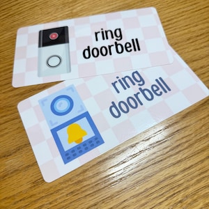 May include: Two rectangular cards with the words "ring doorbell" printed on them. One card features a doorbell graphic with a red light and a white button. The other card has a graphic of a phone with a yellow bell icon.