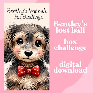 以下が含まれることがあります： 「Bentley's lost ball box challenge」という犬のためのデジタルダウンロード可能な印刷可能なゲーム。ゲームには、赤い蝶ネクタイをした茶色と黒の犬の可愛い漫画のイラストが描かれています。