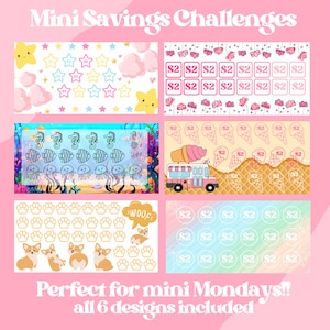 May include: Six colourful printable designs for a mini savings challenge. Each design features a different theme, including stars, flowers, seahorses, ice cream, paw prints, and a corgi. The text "£2" is repeated on each design.