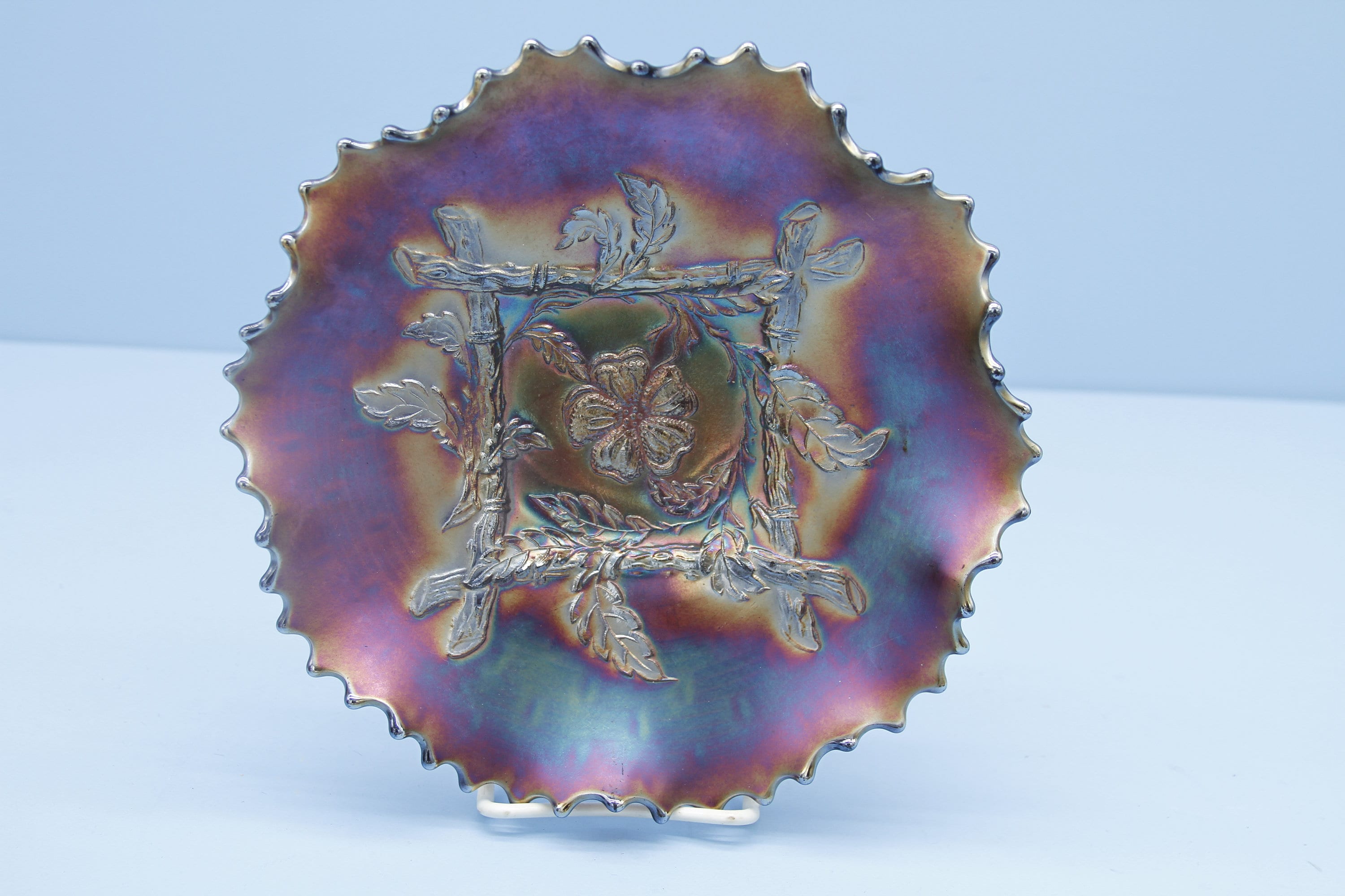 Dugan Carnival Glass Apple Blossom Twigs Ruffled Bowl, Purple/Amethyst
