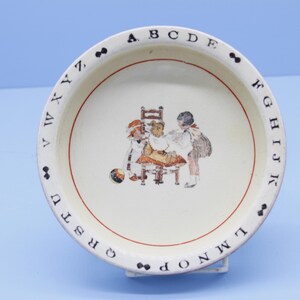 1930&#39;s Crown Potteries co. Childs alphabet dish with teddy bear and little girl