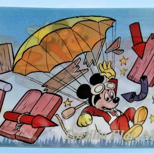 Vintage Walt Disney Produktionen Lenticular Postkarte Mickey Fliegendes Flugzeug dann Fallschirmspringen