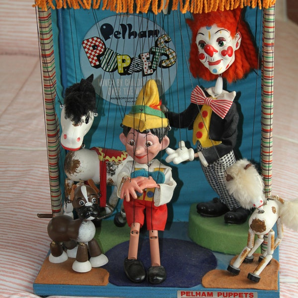 Vintage Pelham Puppet Display with Rare Bimbo the clown