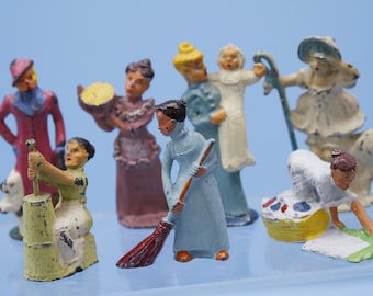 Vintage lot of seven Lead Figure ~ Manoil Woman plus tommy toy little bo peep
