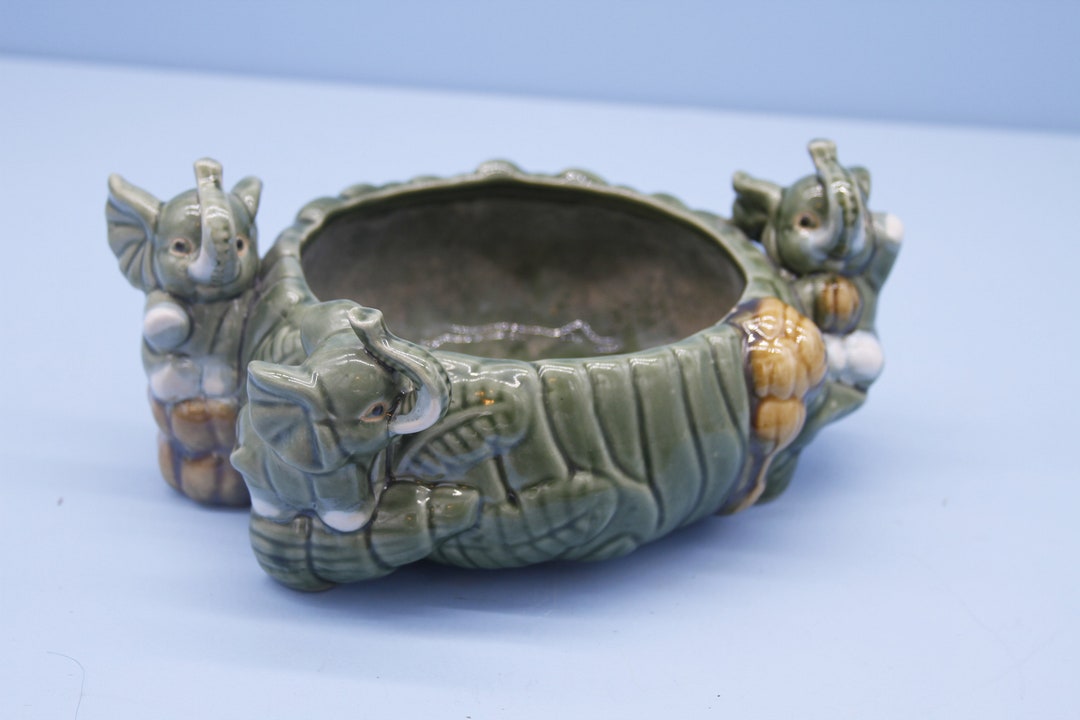 Majolicastyle Vintage Elephant Planter Jade Green Glaze Etsy
