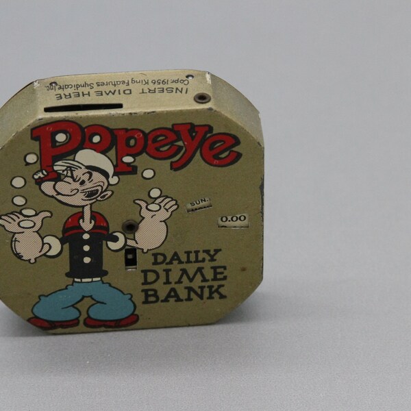 Popeye Lithographed Tin Daily Dime Register Bank Copyright 1956